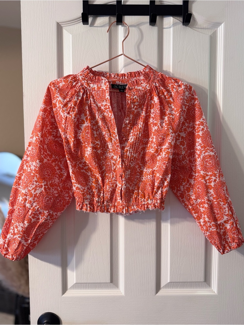 J. Crew Coral Orange Paisley Cropped Peasant Top